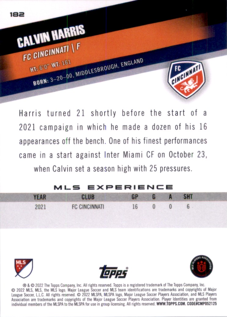 2022 Topps MLS Calvin Harris #182 card back image