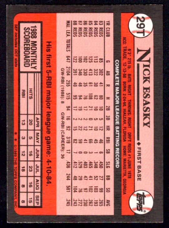1989 Topps Traded Nick Esasky #29T card back image
