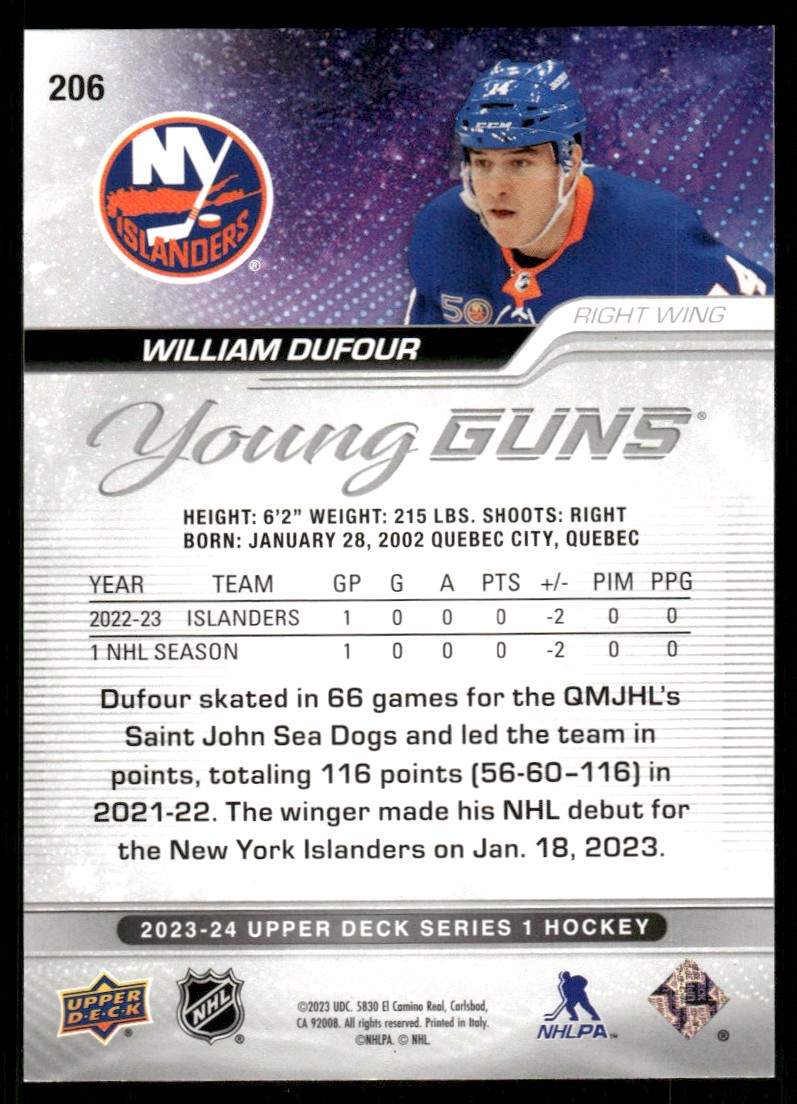 2023-24 Upper Deck YG William Dufour #206 card back image
