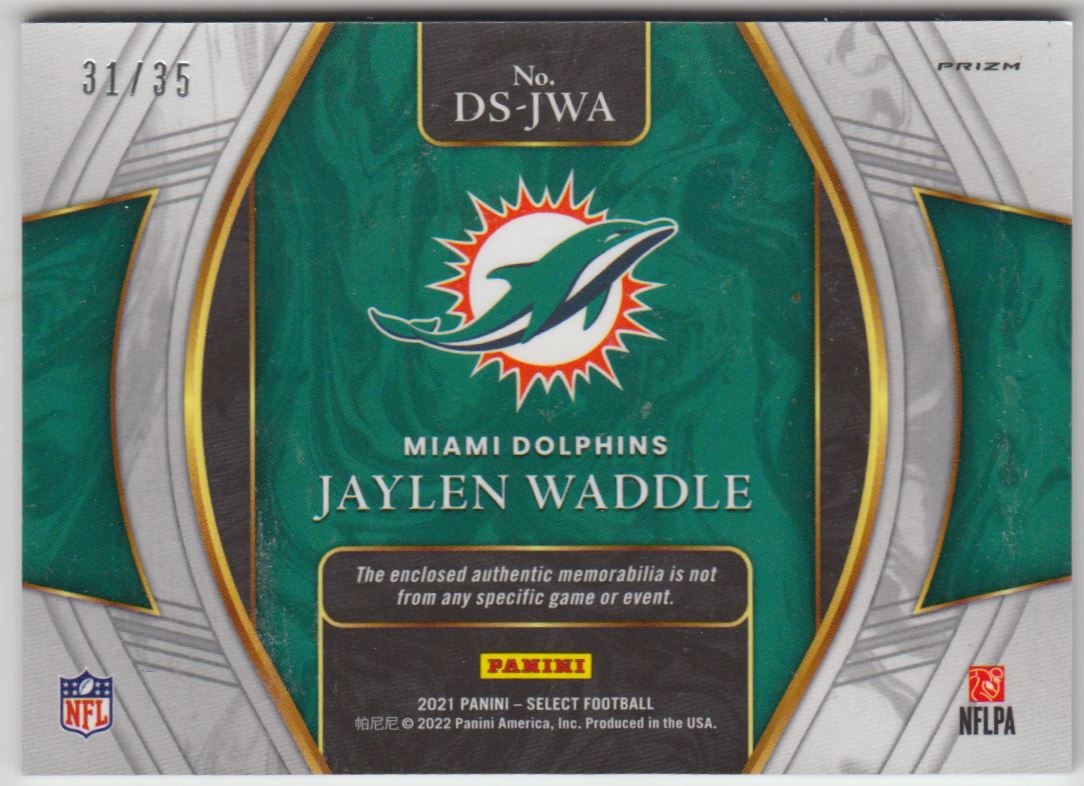 2021 Select Draft Selections Memorabilia Prizm Blue Jaylen Waddle #DS-JWA card back image