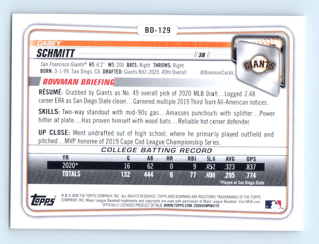 2020 Bowman Draft ! Casey Schmitt #BD-129 on Kronozio