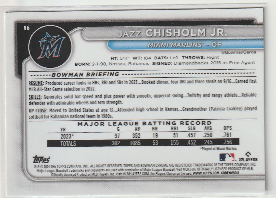 2024 Bowman Chrome Jazz Chisholm Jr. #96 card back image