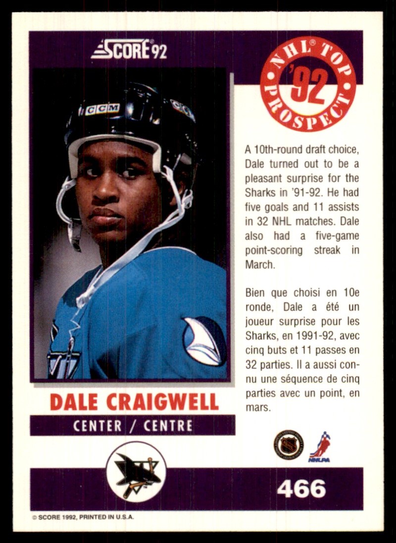 1992-93 Score Canadian Dale Craigwell San Jose Sharks #466 | eBay