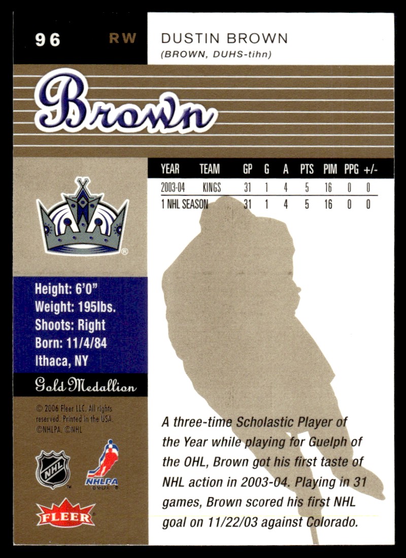 2006-07 Ultra Gold Medallion Dustin Brown #SD-BR card back image