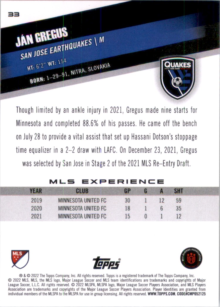 2022 Topps MLS Jan Gregus #33 card back image