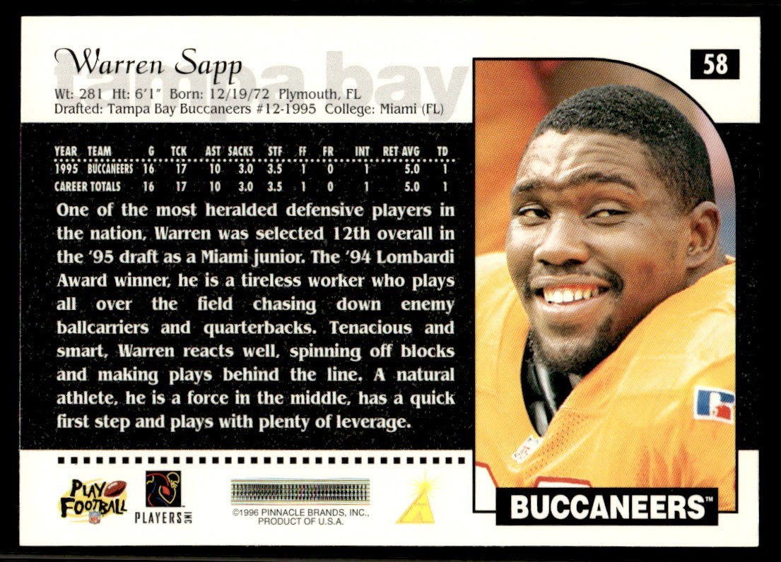 1996 Score Warren Sapp Tampa Bay Buccaneers #58 18994 | eBay
