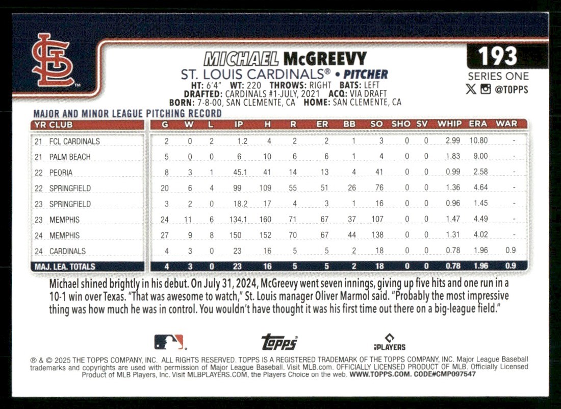 2025 Topps Michael McGreevy #193 card back image