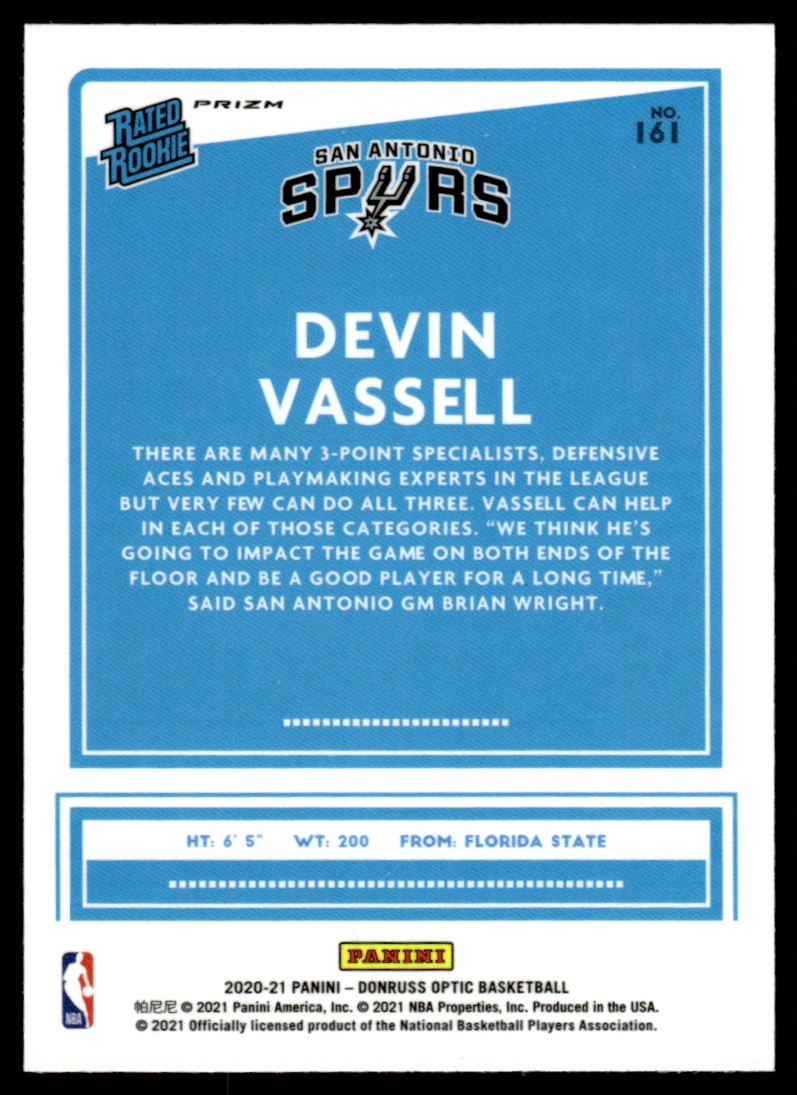 2020-21 Donruss Optic Silver Pulsar Prizms Devin Vassell #161 card back image