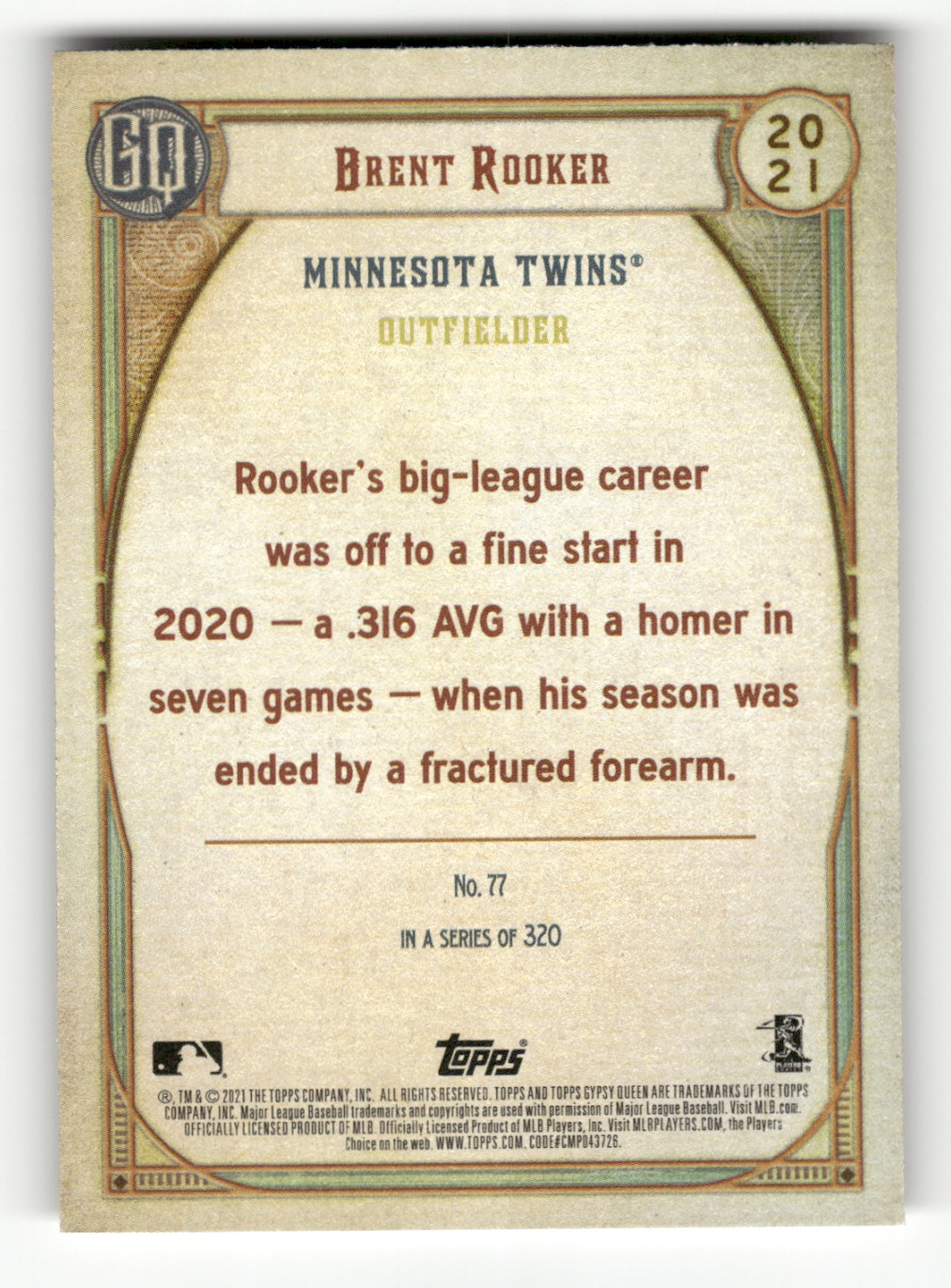 2021 Topps Gypsy Queen Brent Rooker #77 card back image