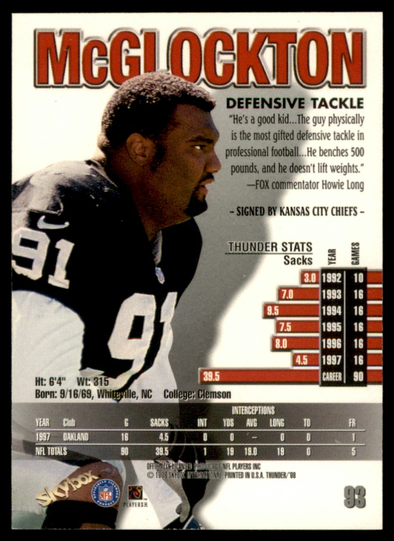 1998 SkyBox Thunder Chester McGlockton #93 card back image