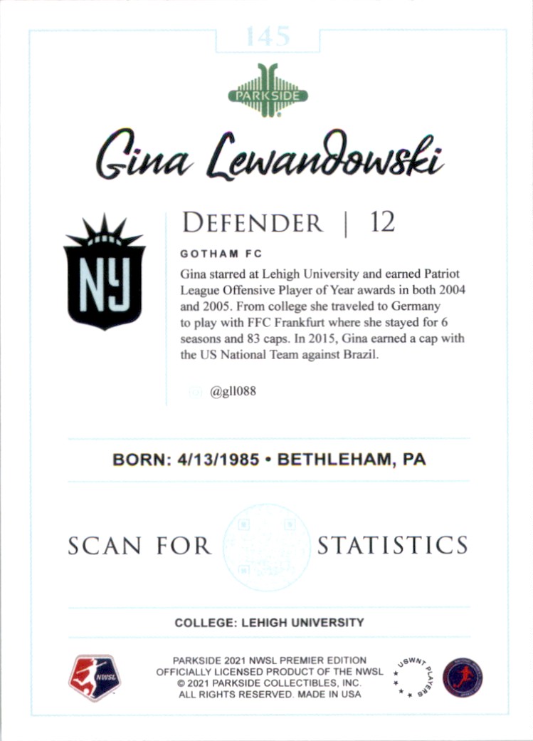 2021 Parkside NWSL Premier Edition Black and White Gina Lewandowski #145 card back image