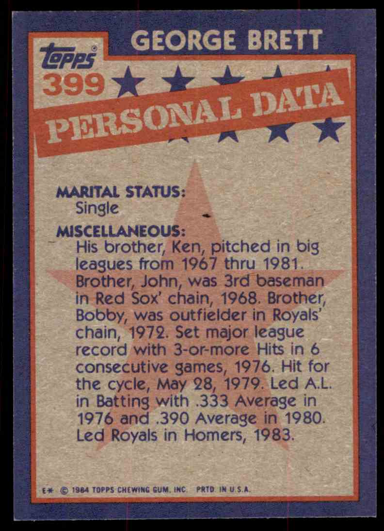 1984 Topps George Brett #399 card back image