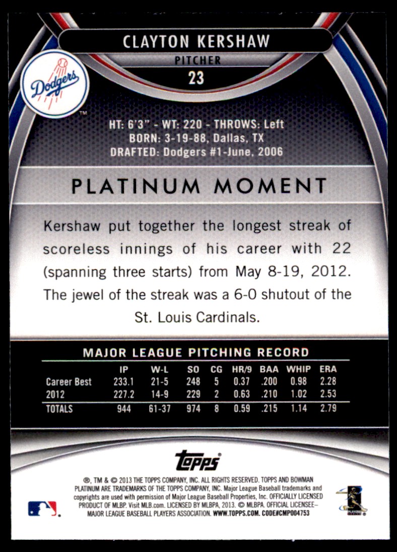 2013 Bowman Platinum Clayton Kershaw #23 card back image
