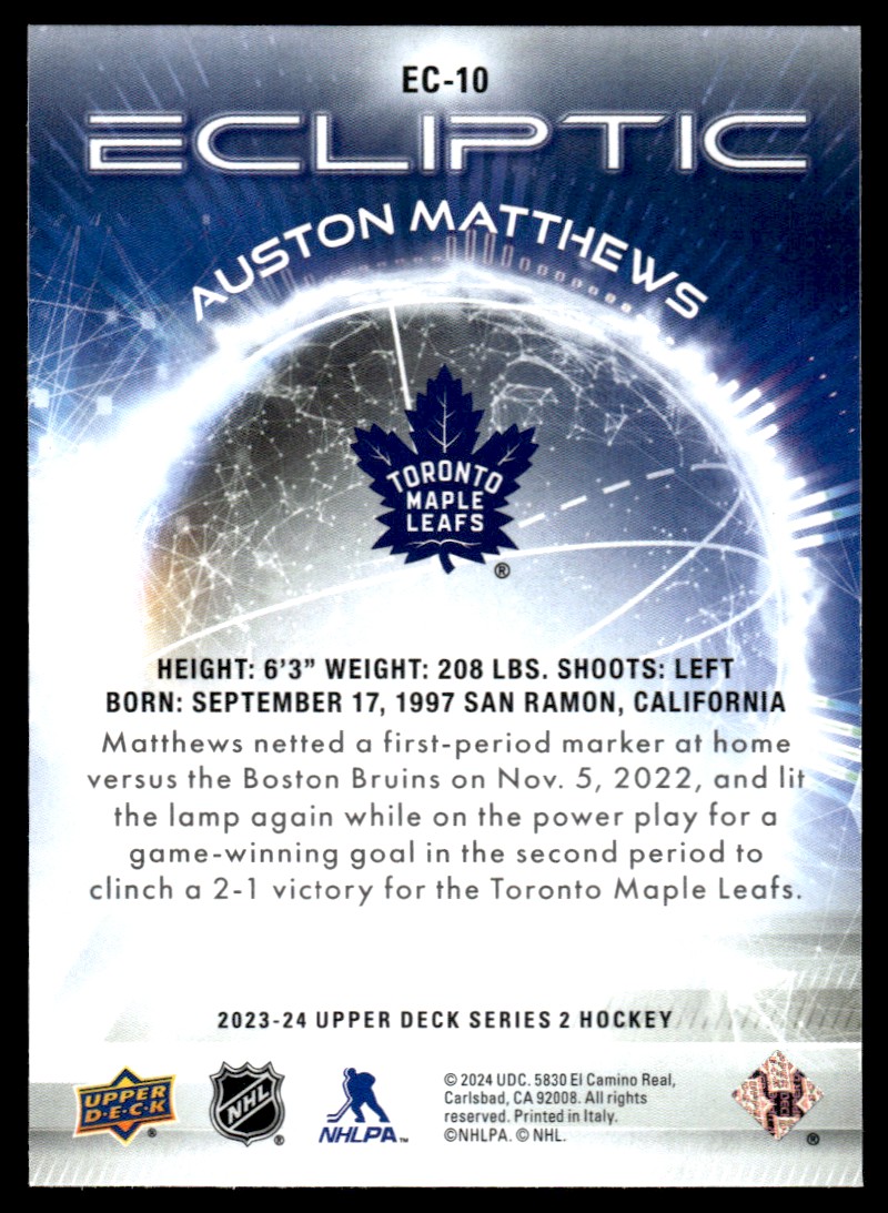 2023-24 Upper Deck Ecliptic Blue Sparkle Auston Matthews Toronto Maple Leafs - Picture 2 of 2