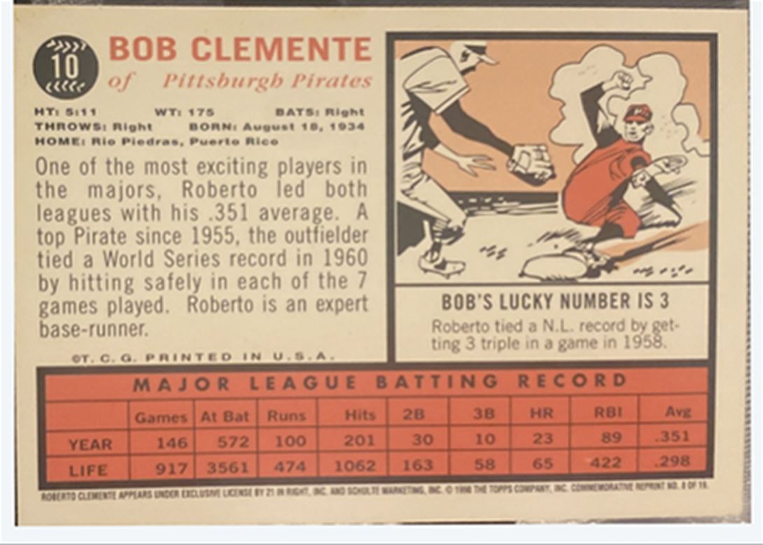 1998 Topps Roberto Clemente Commemorative Reprints Bob Clemente #10 card back image