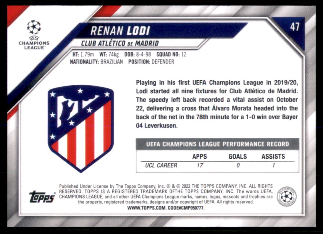 2021 Topps UEFA Champions League Renan Lodi #47 card back image