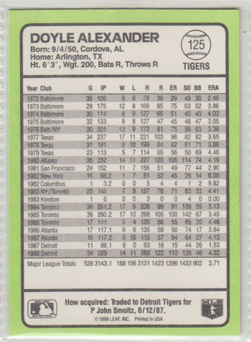 1989 Donruss Baseball's Best Doyle Alexander #125 card back image