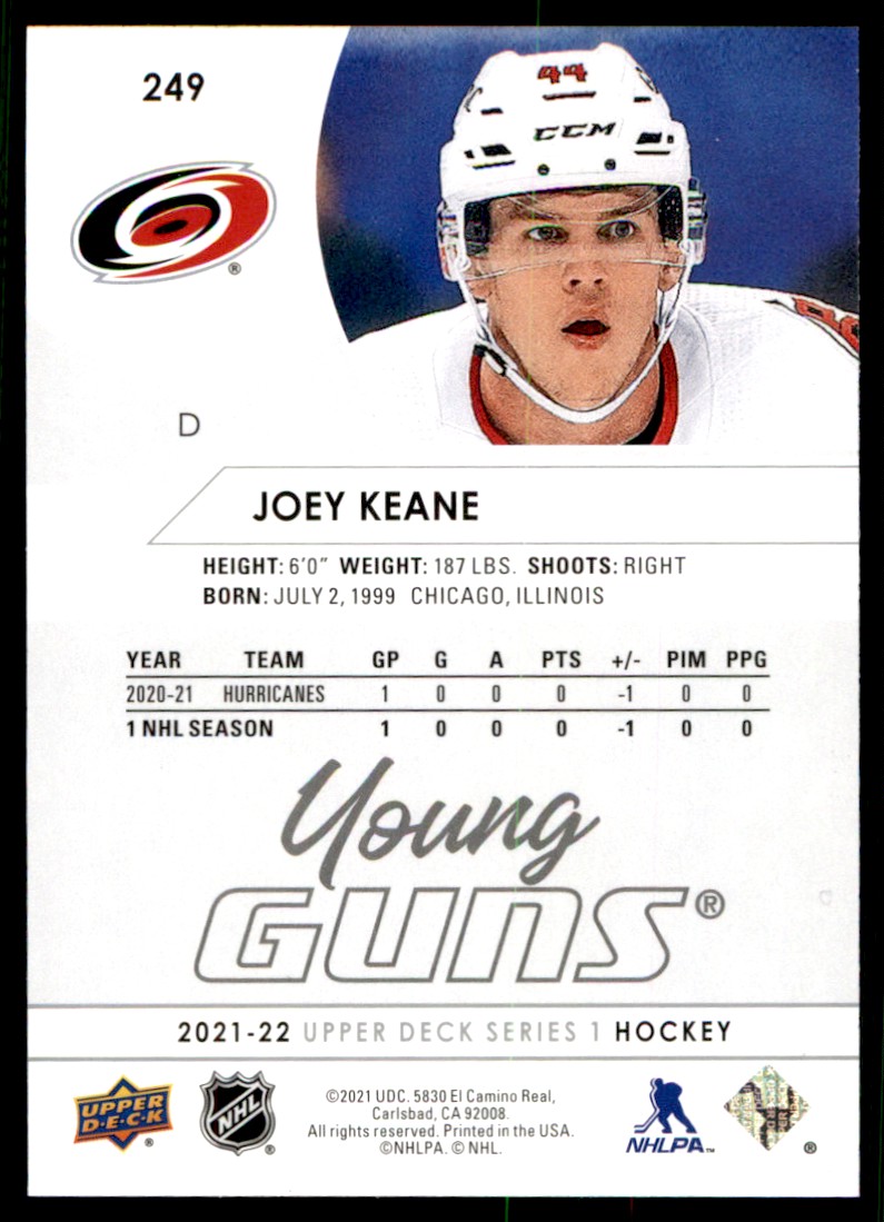 2021-22 Upper Deck Young Guns Joey Keane #249 card back image
