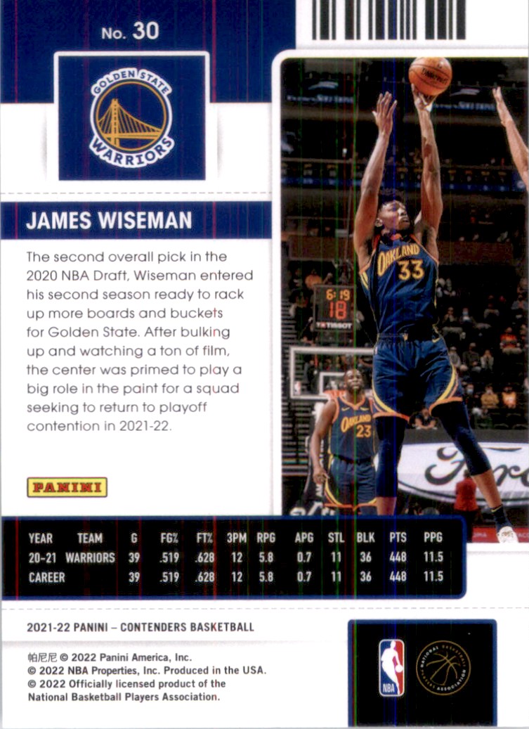 2021-22 Panini Contenders BasketBall Card James Wiseman #30 card back image