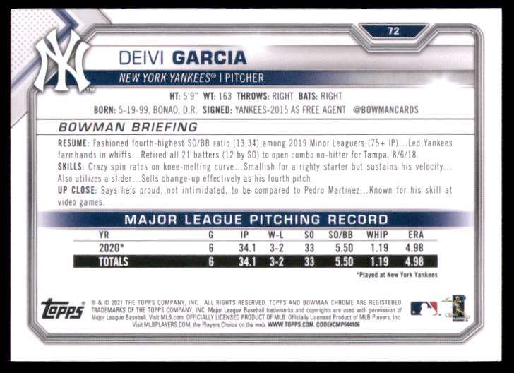 2021 Bowman Deivi Garcia RC #72 card back image