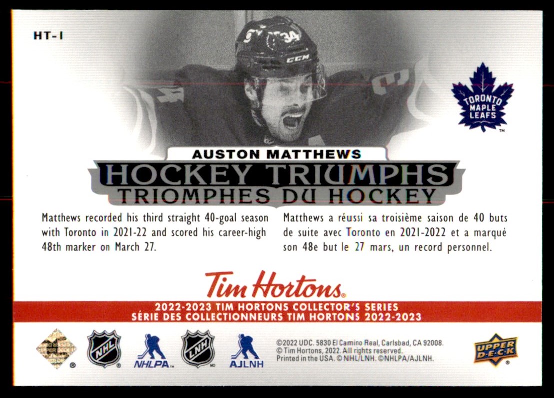 2022-23 Upper Deck Tim Hortons Hockey Triumphs Auston Matthews #HT-1 card back image