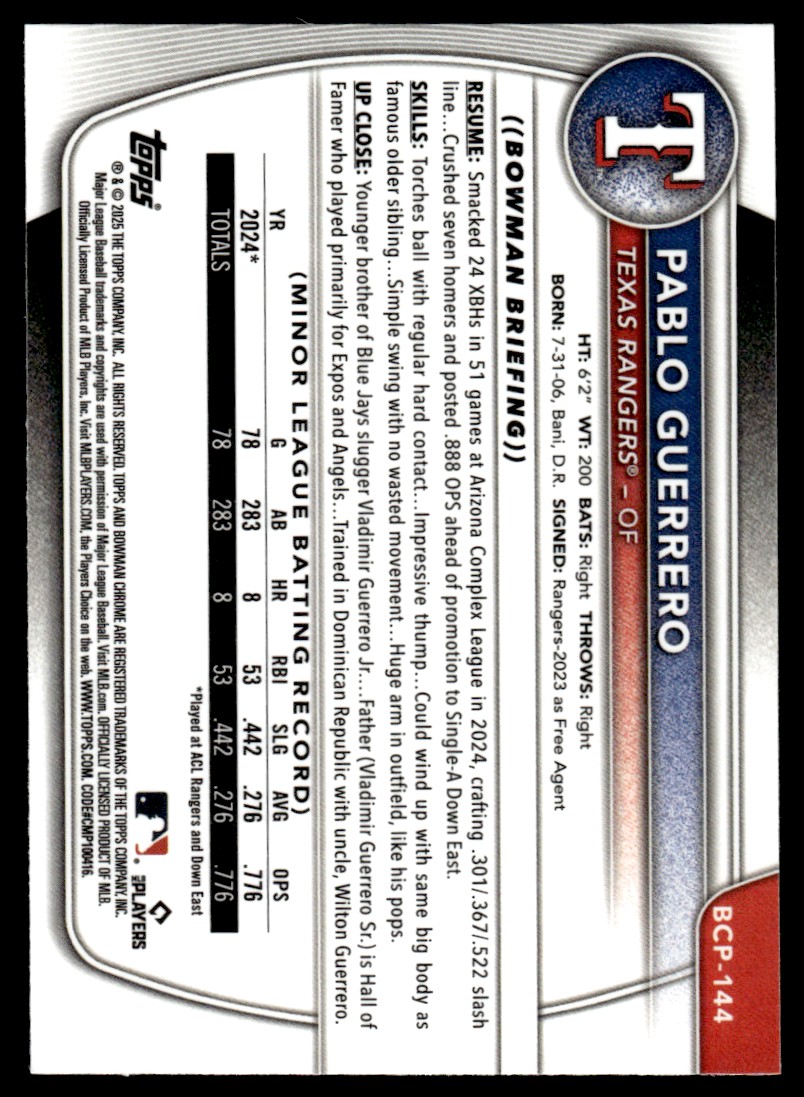 2025 Bowman Chrome Prospects Pablo Guerrero #BCP-144 card back image