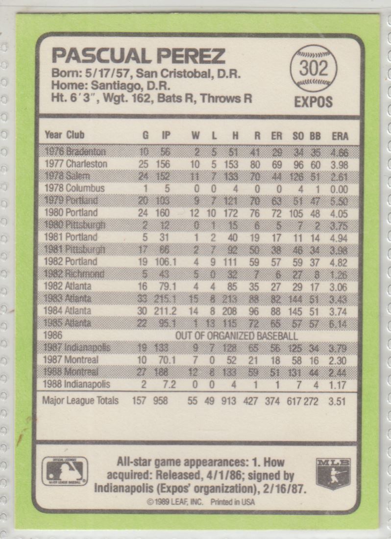 1989 Donruss Baseball's Best Pascual Perez #302 card back image