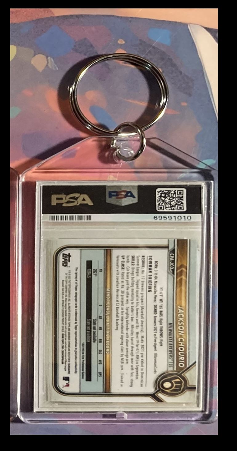 2025 -MME- delete Jackson Chourio 2022 Bowman Chrome Green Auto - Custom Keychain - Gift #0232 card back image