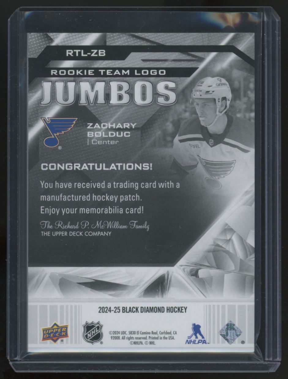 2024-25 Upper Deck Black Diamond Rookie Team Logo Jumbo Patch Zachary Bolduc #RTL-ZB card back image