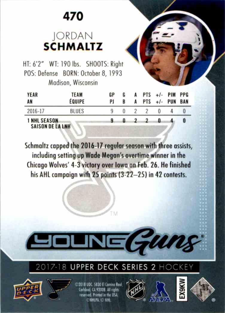 2017-18 Upper Deck Young Guns Jordan Schmaltz #470 card back image