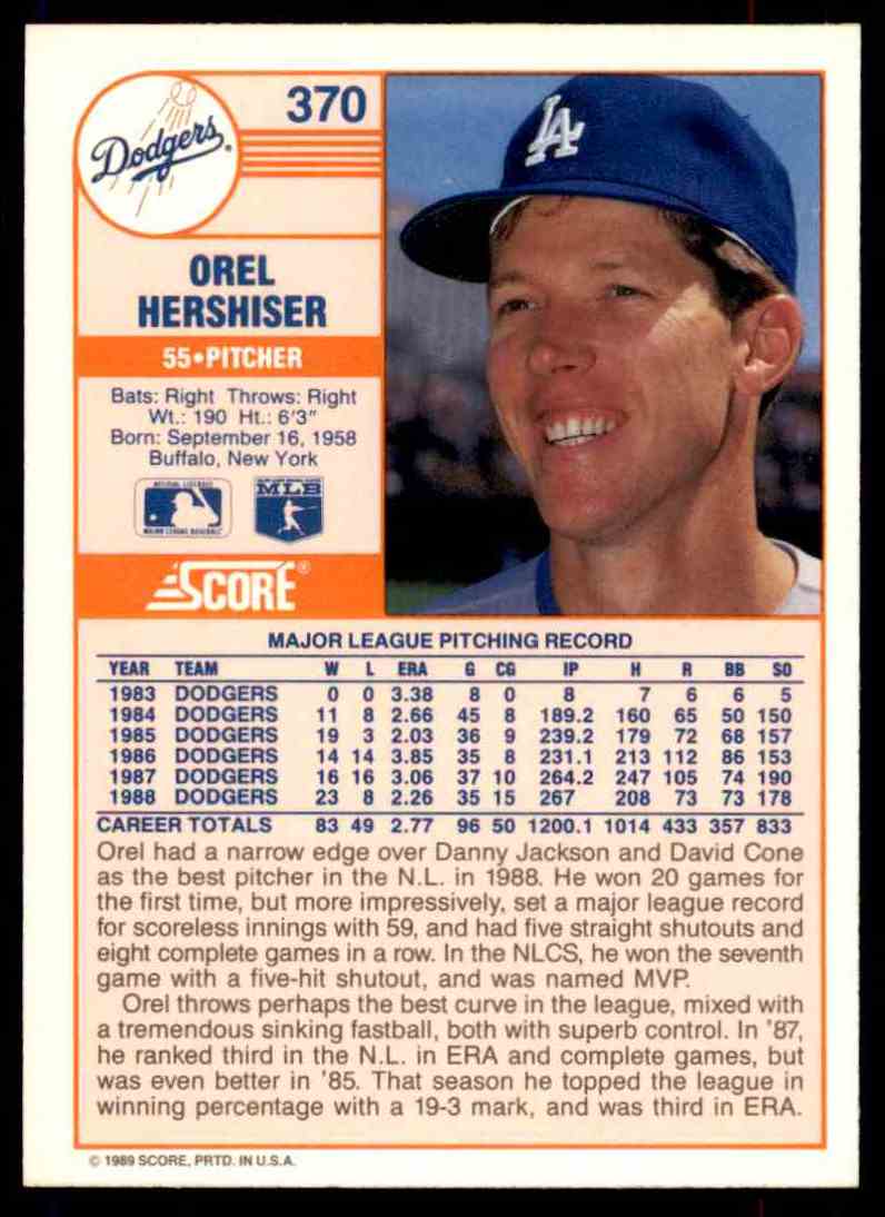 1989 Score Regular Orel Hershiser #370 card back image