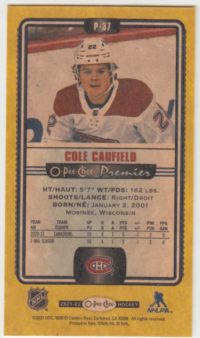 2021-22 O-Pee-Chee OPC Premier Tallboys Yellow Cole Caufield #P-37 card back image