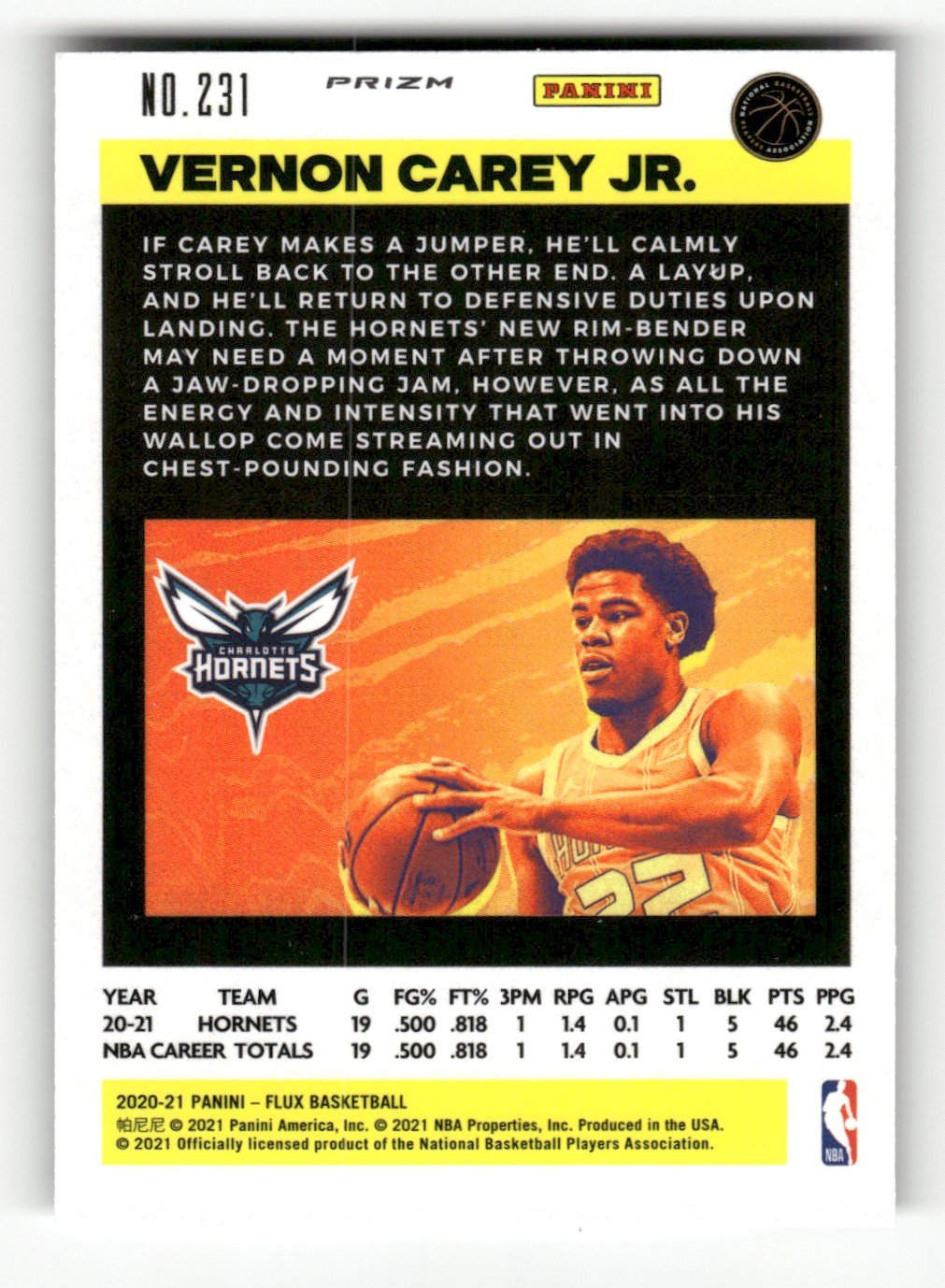 2020-21 Panini Flux Pulsar Vernon Carey Jr. #231 card back image