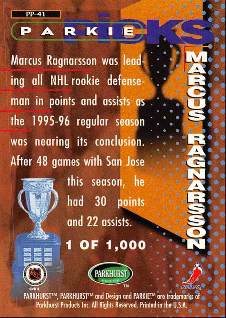 1995-96 Parkhurst International Parkies Trophy Picks Marcus Ragnarsson #PP41 card back image