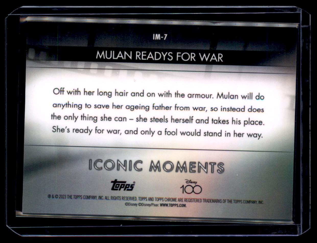 2023 Topps Disney chrome 100 iconic moments mulan readys for war #IM-7 card back image