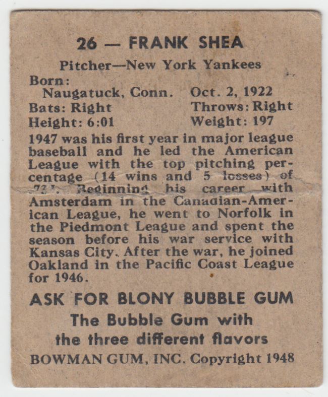 1948 Bowman Frank Shea #26 card back image