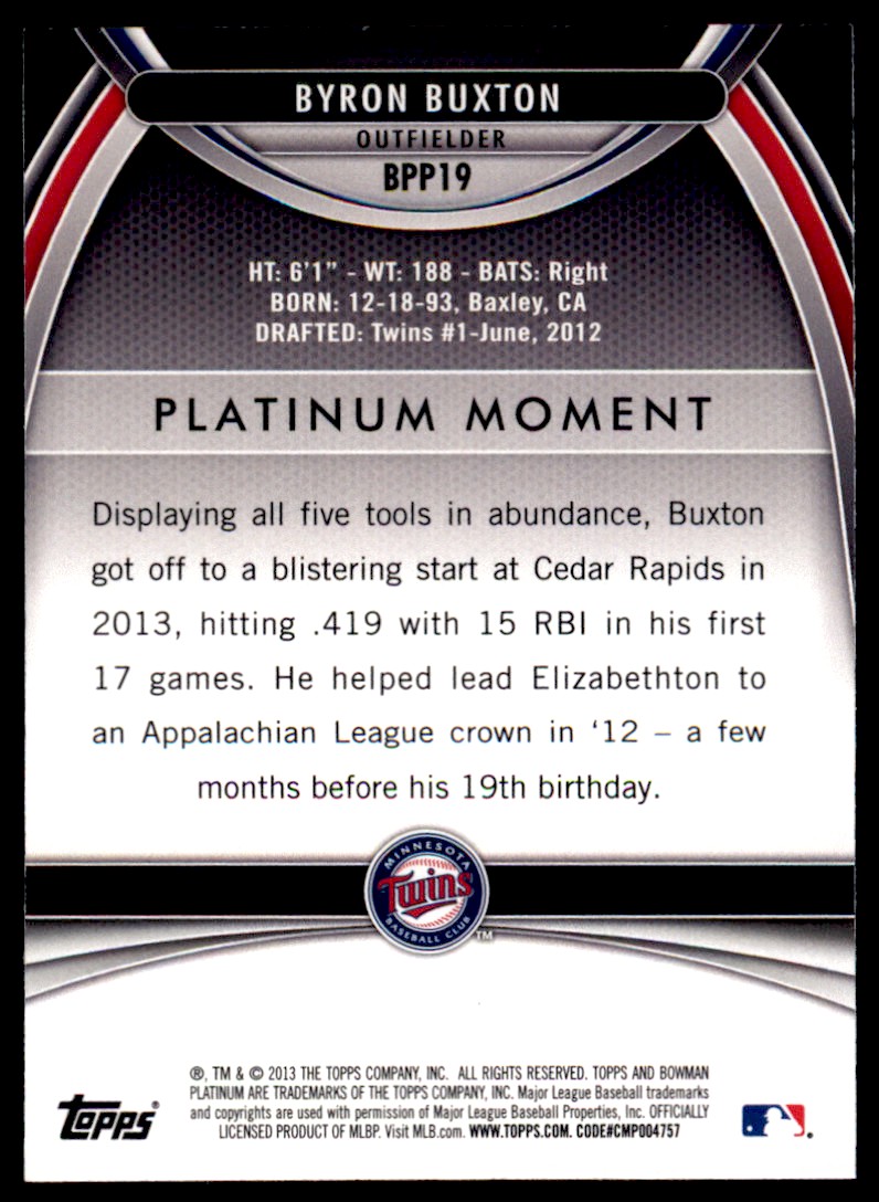 2013 Bowman Platinum Prospects Byron Buxton #BPP19 card back image