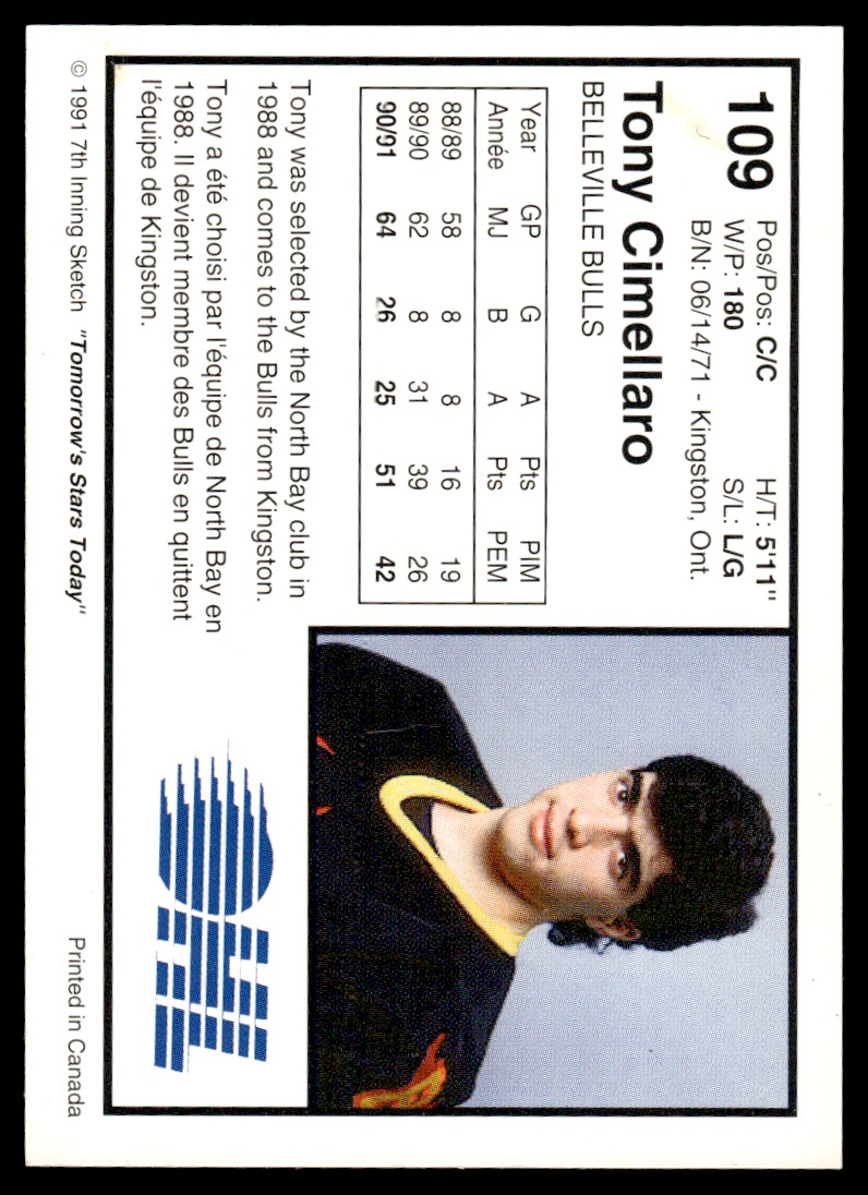 1991-92 7th Inning Sketch OHL ! Tony Cimellaro #109 card back image