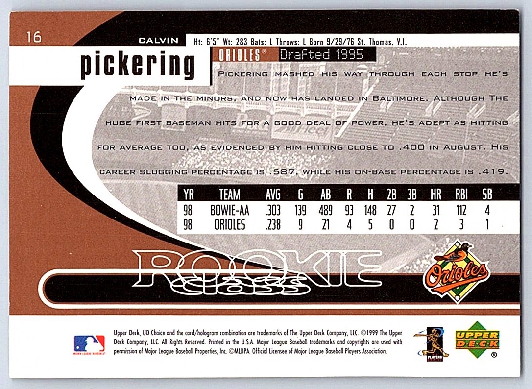 1999 UD Choice Rookie Class Calvin Pickering #16 card back image