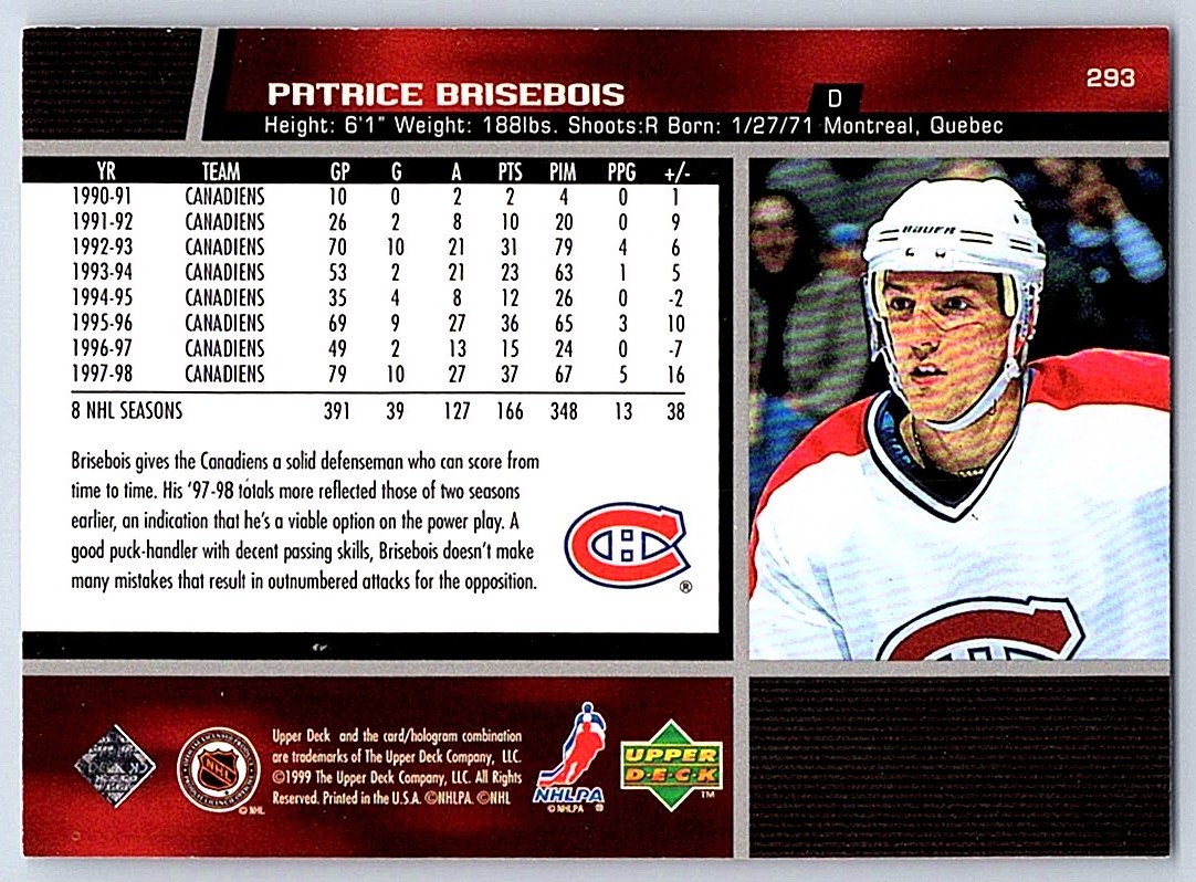 1998-99 Upper Deck Patrice Brisebois #293 card back image