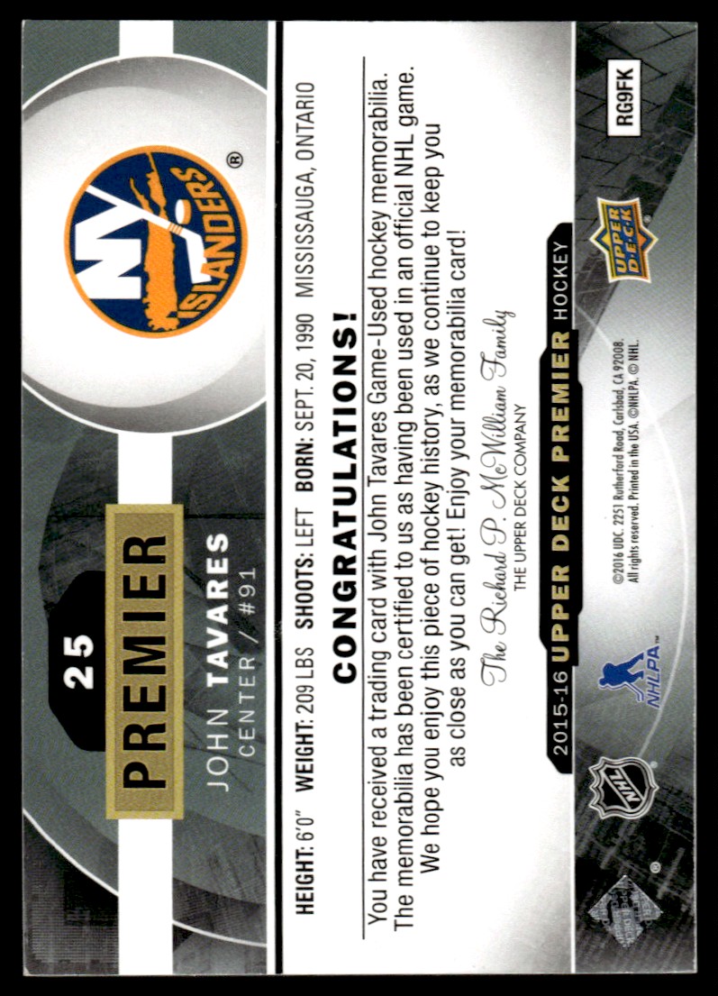 2015-16 Upper Deck Premier Base - Jersey John Tavares #25 card back image
