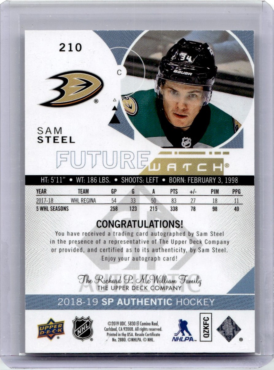 2019-20 SP Authentic Future Watch Autograph Rookie Sam Steel