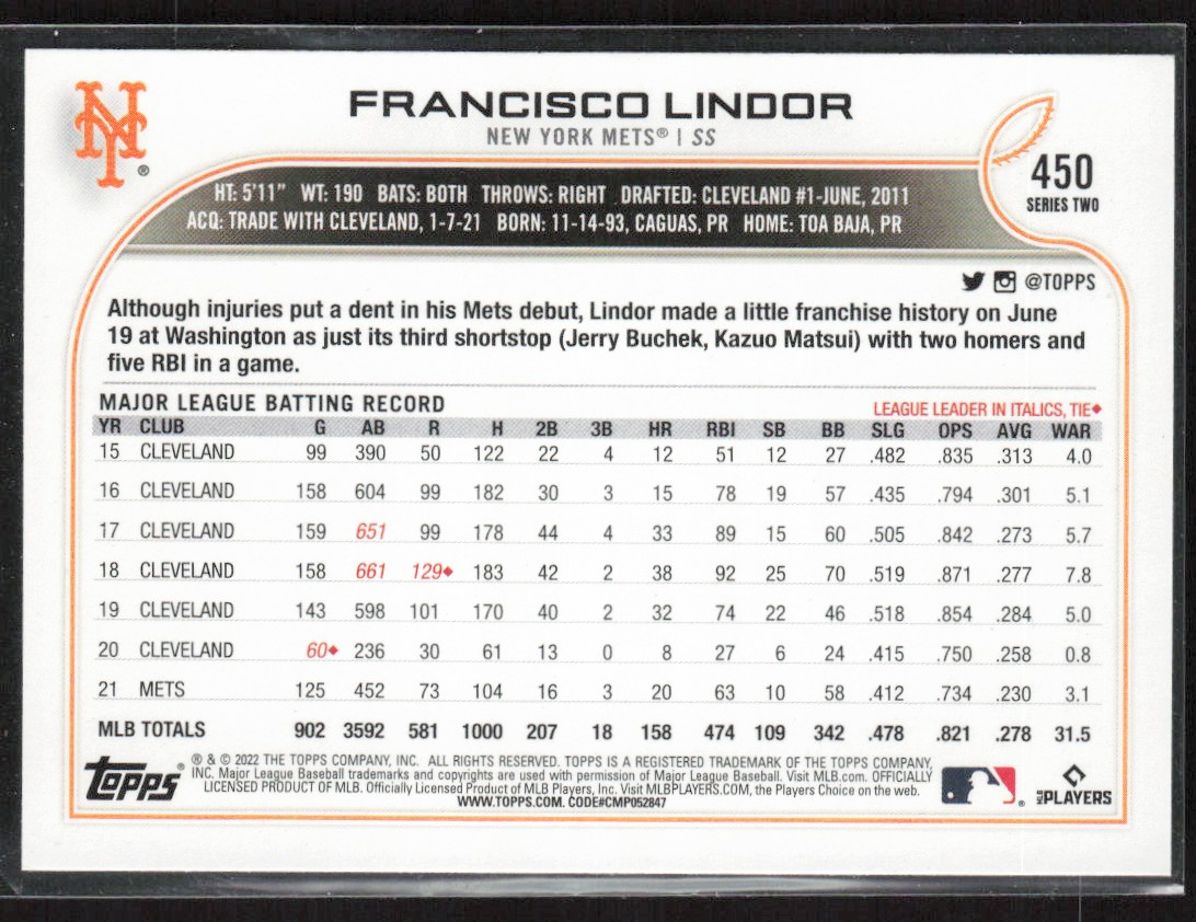 2022 Topps Francisco Lindor #450 card back image