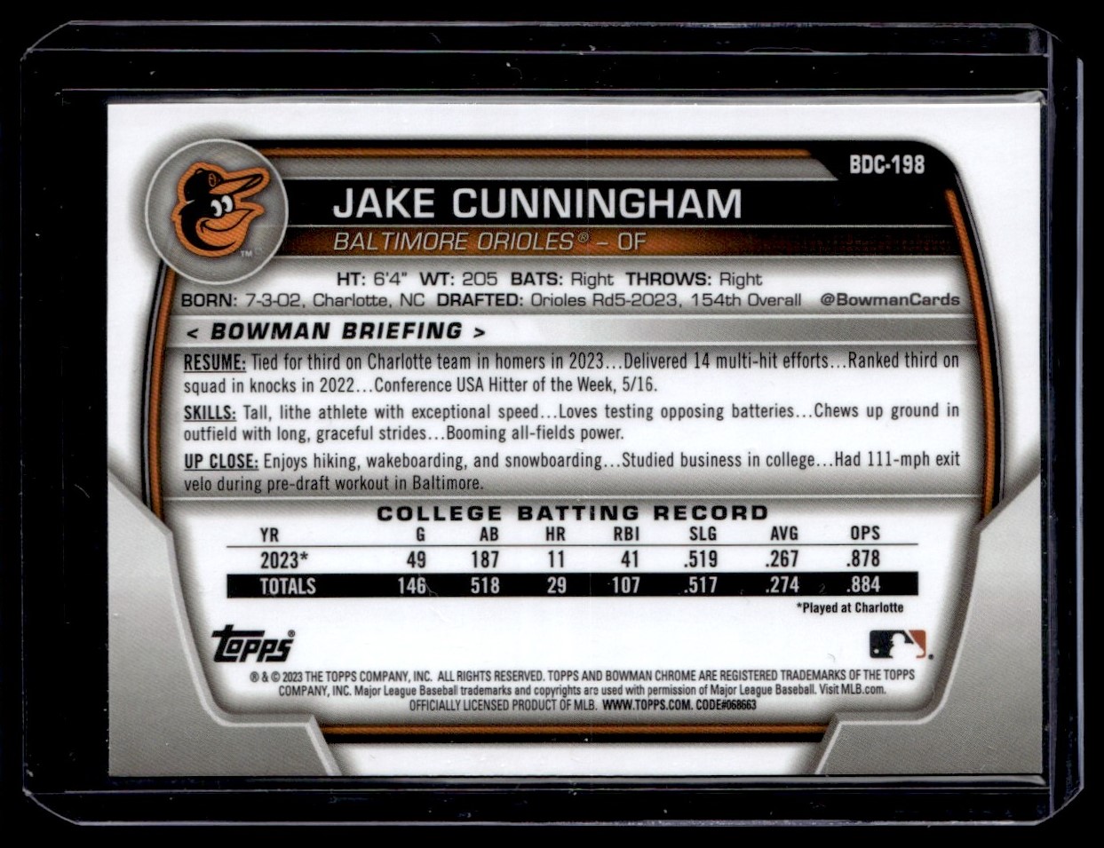2023 Bowman Chrome Sapphire Jake Cunningham #BDC-198 card back image