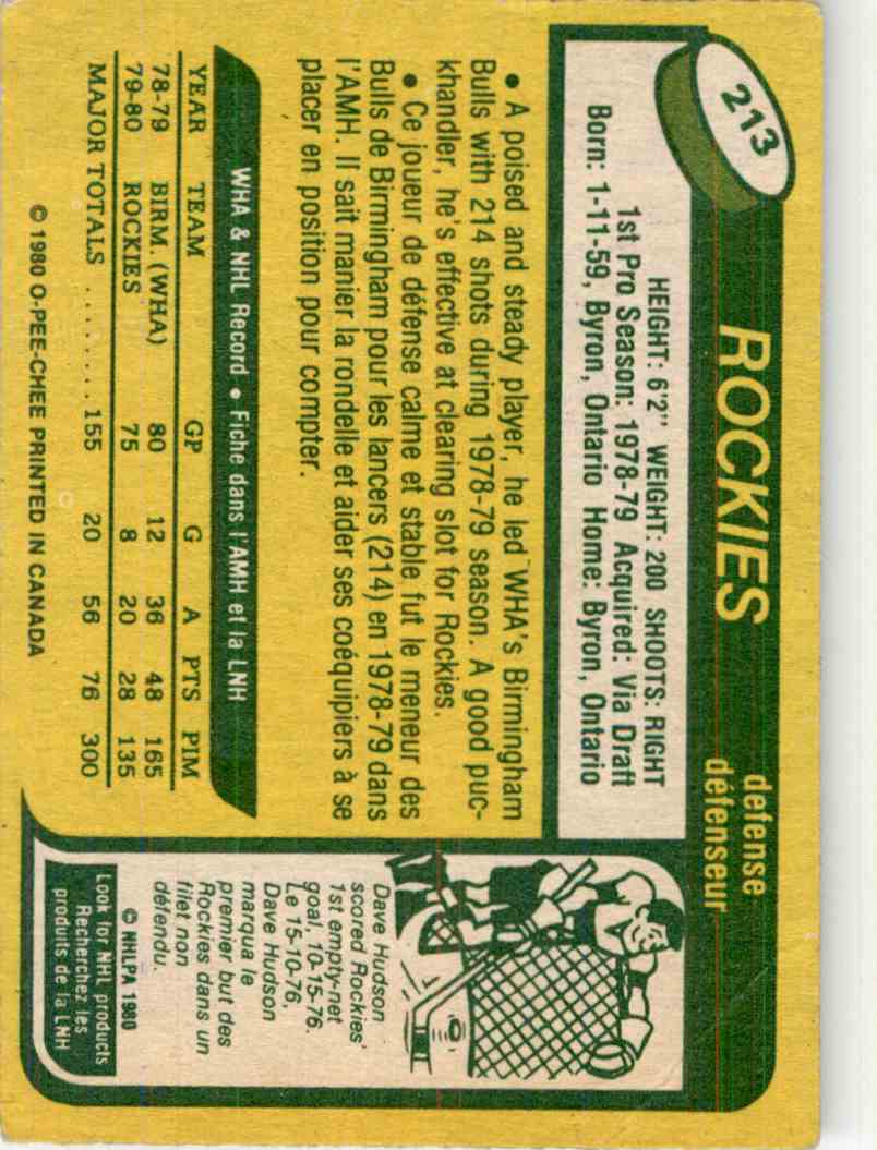 1980-81 O-Pee-Chee Rob Ramage #213 card back image