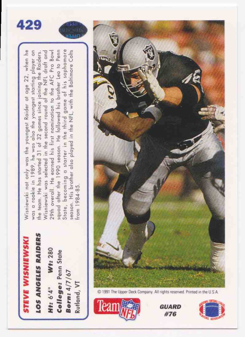1991 Upper Deck Steve Wisniewski #429 card back image
