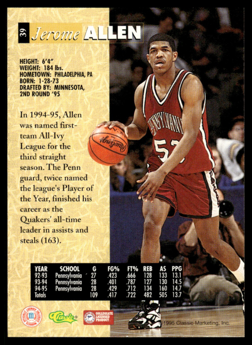1995-96 Classic 5-Sport Jerome Allen #39 on Kronozio