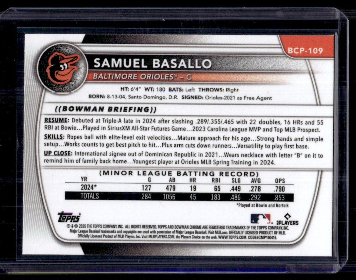 2025 Bowman Chrome Samuel Basallo #BCP-109 card back image