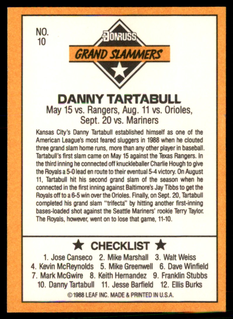 1989 donruss Danny Tartabull #10 card back image