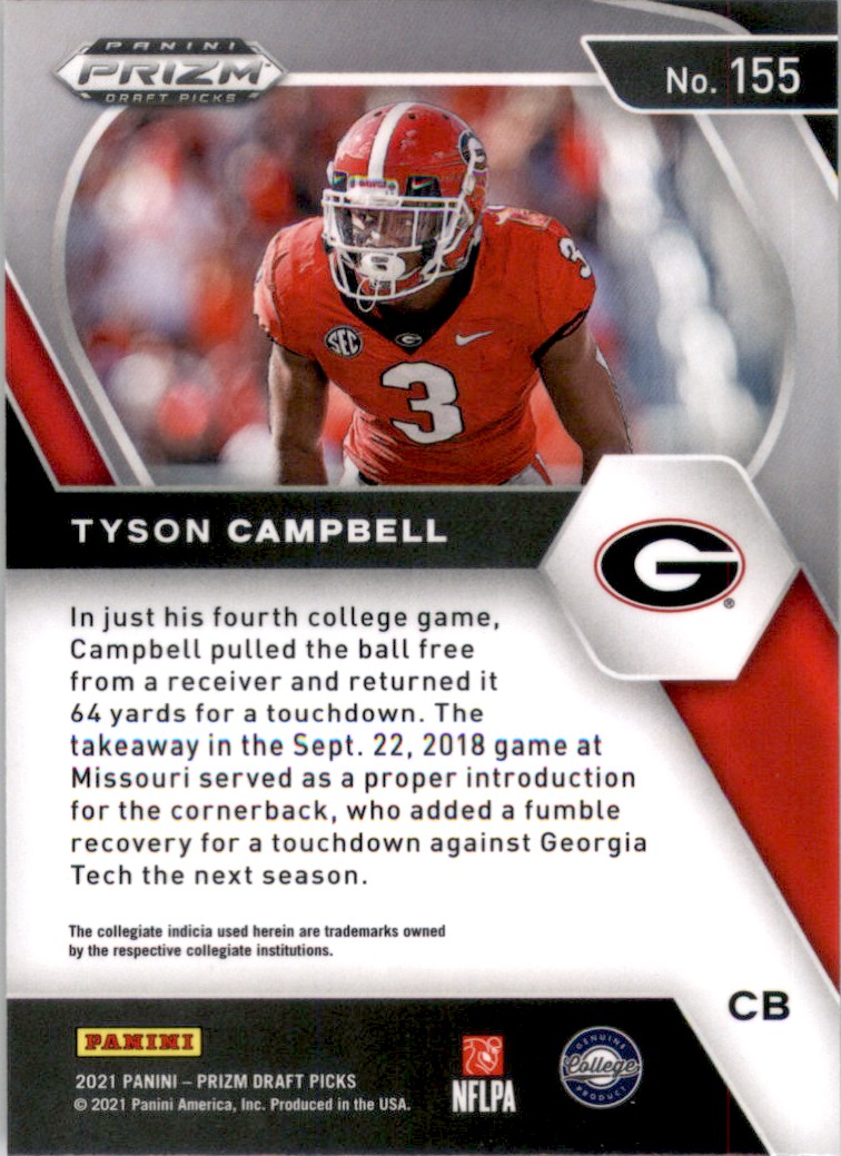 2021 Panini Prizm Draft Picks Tyson Campbell #155 card back image